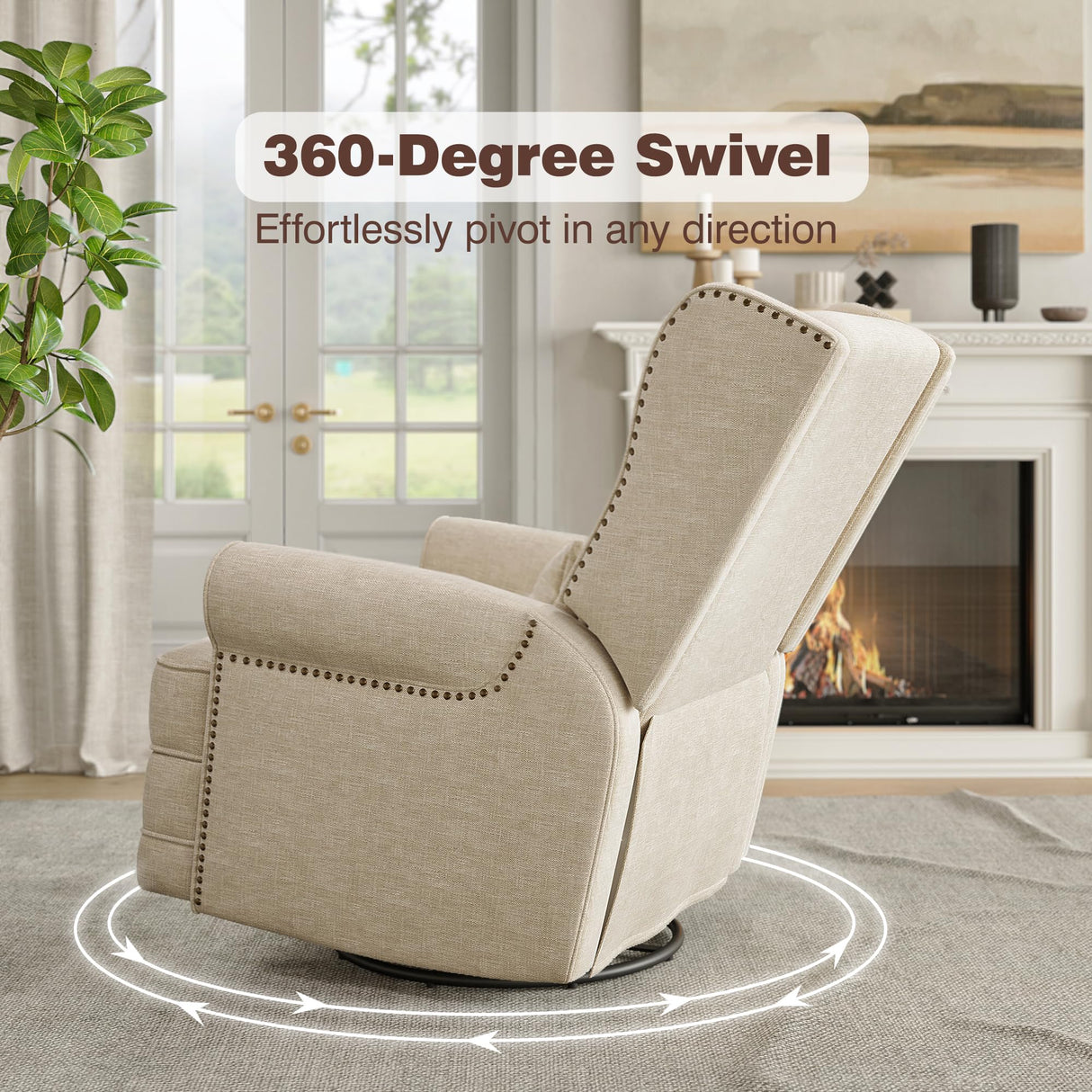 RoyalCraft Swivel Recliner Chair with Extra Large Footrest, Comfy Upholstered Glider Rocking Chair for Living Room, Bedroom and Ofice, Beige RoyalCraft