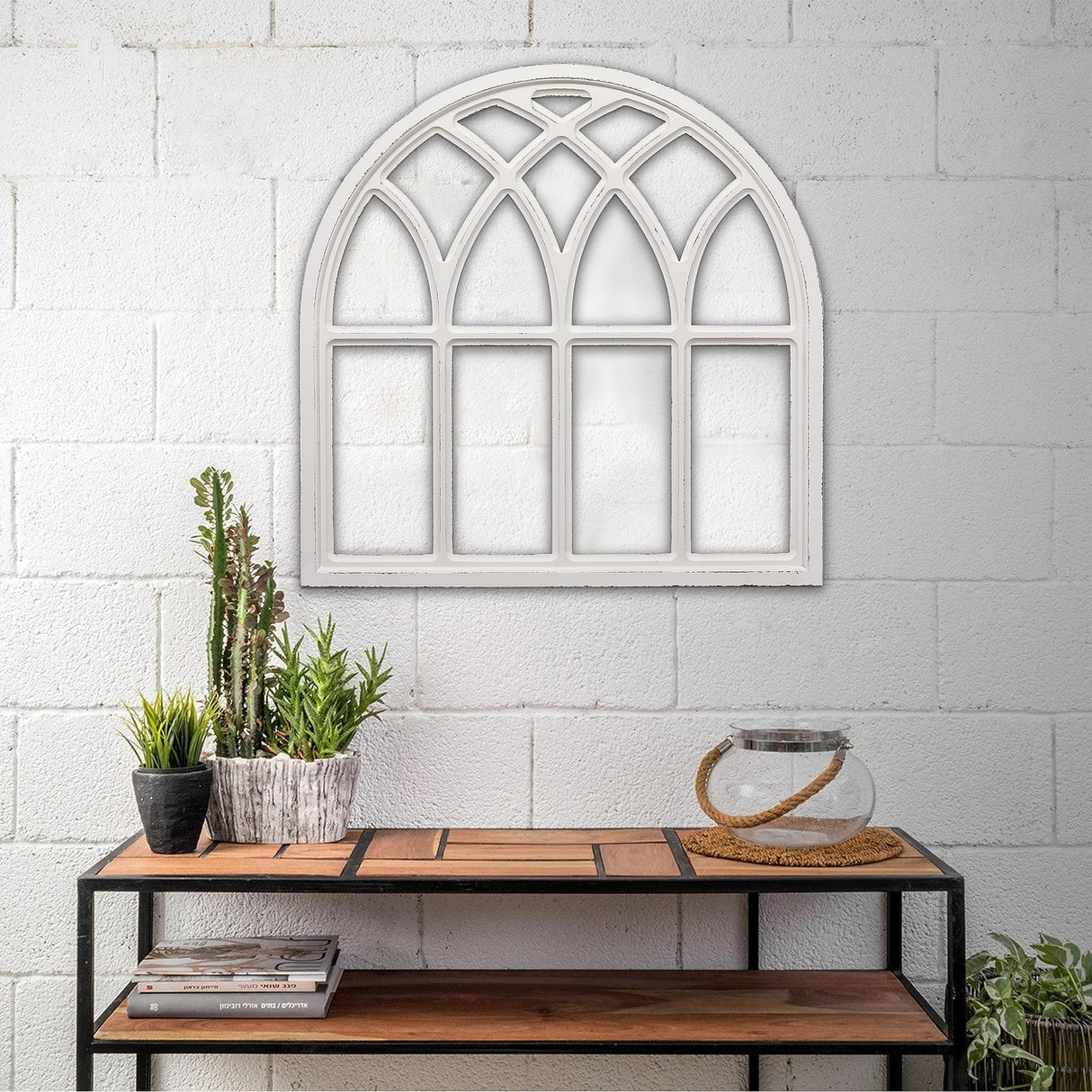 Sintosin Farmhouse White Arched Window Frame Decor 32 Inch, Hanging Distressed Wooden Rustic Window Frames for Wall Decor, Window Pane Wall Decor for Living Room Christmas Halloween Sintosin