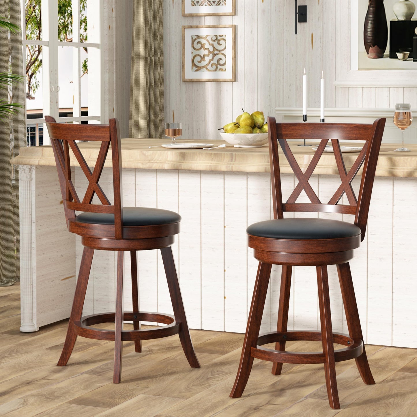 24" Counter Height Swivel Bar Stools - High Back Swivel Counter Stools with Upholstered Seat & Solid Wood Footrest, Counter Bar Chairs for Kitchen Island & Pub (Brown, Set of 2)