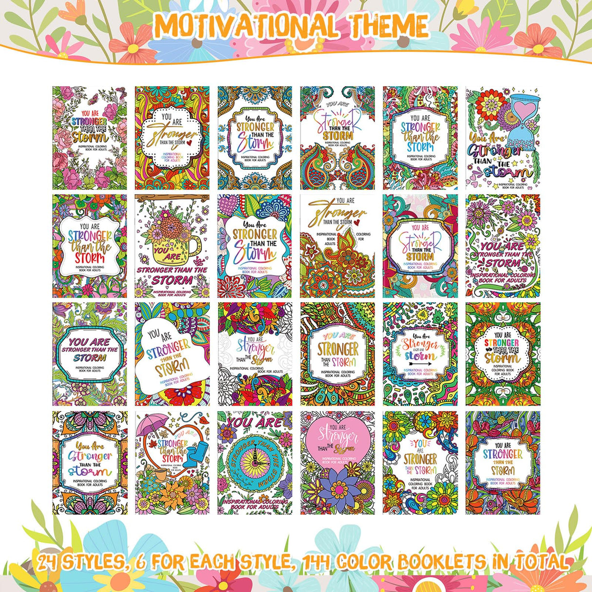 Liliful 144 Pcs Flower Coloring Book Bulk for Adult Kids DIY Art Stress Relief Drawing Book with Patterns for Adults, Party Favors, Goodie Bag Filler and Holiday Gifts (Motivate) Liliful