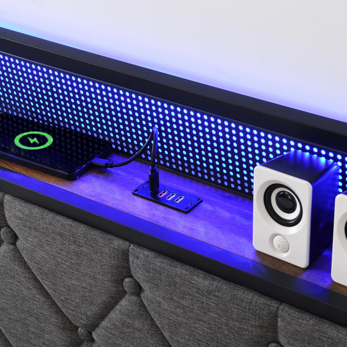 HBRR Modern Queen Size Upholstered Bed Frame with Storage Headboard, LED Lights, and Charging Station in Dark Gray HBRR