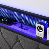 HBRR Modern Queen Size Upholstered Bed Frame with Storage Headboard, LED Lights, and Charging Station in Dark Gray HBRR