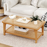 Yongchuang Rattan Rectangle Coffee Table Boho Wood Tea Table 44" Mid Century Modern 2-Tier Center Table for Living Room Office