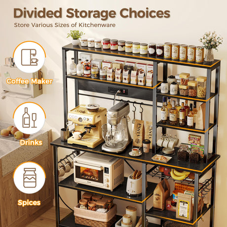 SUPERJARE Larger Bakers Rack with Power Outlets, 6-Tier Microwave Stand, Coffee Bar with 12 S-Shaped Hooks, Kitchen Shelf with Wire Basket, 47.2 x 15.5x 66.9 Inches, Black SUPERJARE