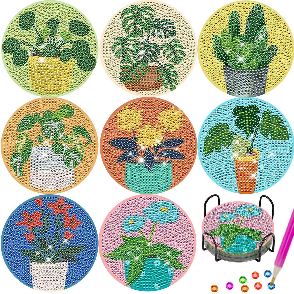 TDOOW Diamond Art Coasters Kits, 8 Pcs DIY Plant Diamond Painting Coasters with Holder, Diamond Art Kits for Adults Beginners TDOOW