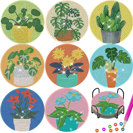 TDOOW Diamond Art Coasters Kits, 8 Pcs DIY Plant Diamond Painting Coasters with Holder, Diamond Art Kits for Adults Beginners TDOOW