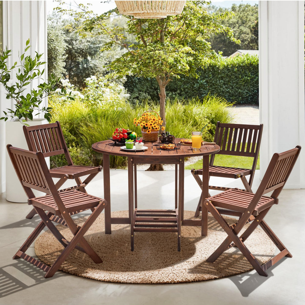 Devoko 5 PCS Patio Furniture, Patio Dining Set Acacia Wood Outdoor Table and Chairs, with 4 Folding Chairs and 37" Round Movable Table, Outdoor Dining Set for Lawn, Balcony, Garden Devoko