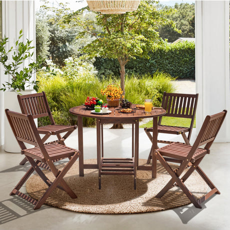 Devoko 5 PCS Patio Furniture, Patio Dining Set Acacia Wood Outdoor Table and Chairs, with 4 Folding Chairs and 37" Round Movable Table, Outdoor Dining Set for Lawn, Balcony, Garden Devoko