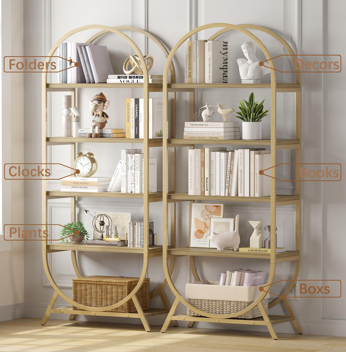 Kogven Bookshelf Arched Bookcase, Industrial 5 Tier Open Book Shelves with Metal Frame, 72" Tall Freestanding Display Rack for Home Office, Living Room,Nature Wood and Gold Kogven