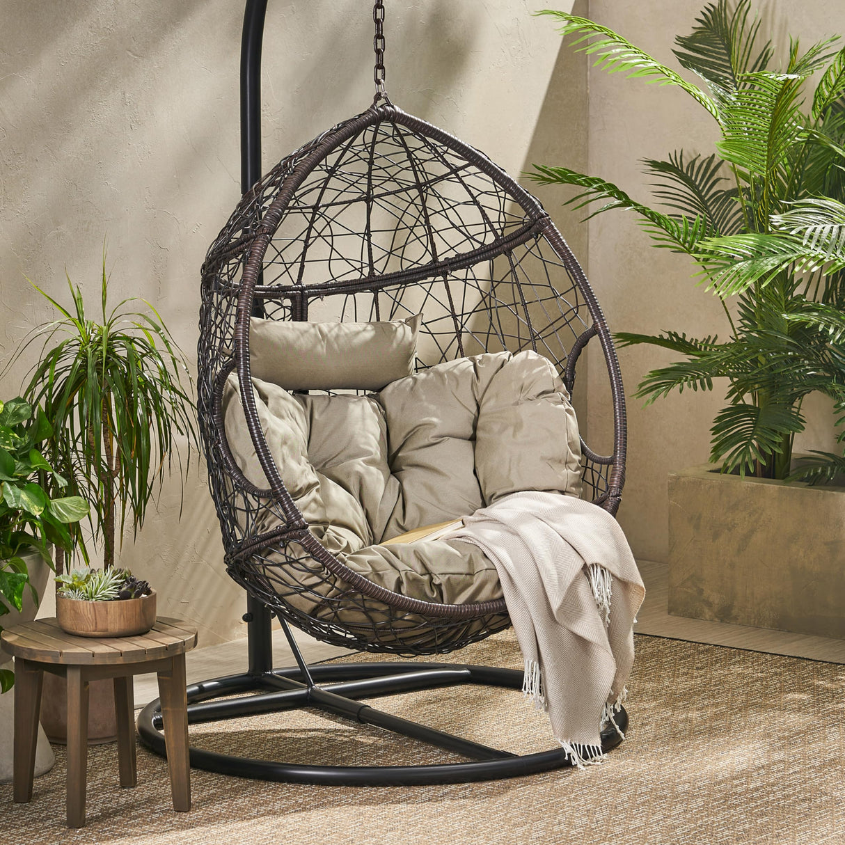 Outdoor Hanging Egg Chair, Patio Wicker Swing Egg Basket, Wicker Hammock Chair, Rattan Basket Hanging Chairs Without Stand(Only Basket, NOT Include a Hanging Stand), Khaki + Brown Ziraukon