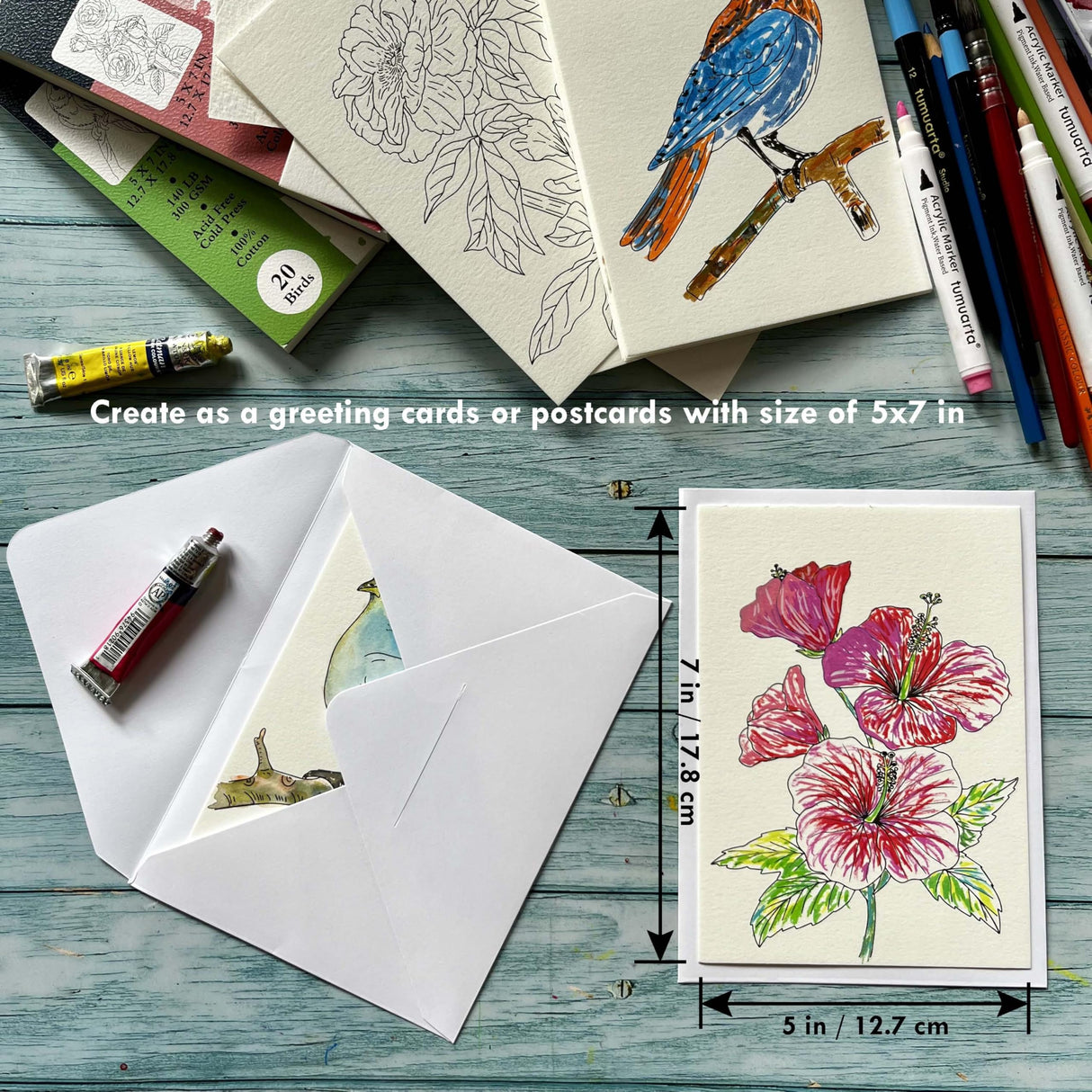 tumuarta Watercolor Coloring Book, 20 Unique Designs, 5x7”, 100% Cotton, 300GSM, 140 LB, Cold Press, Acid Free Watercolor Paper, Glue Bound Mixed Media Sketch Book Birds tumuarta