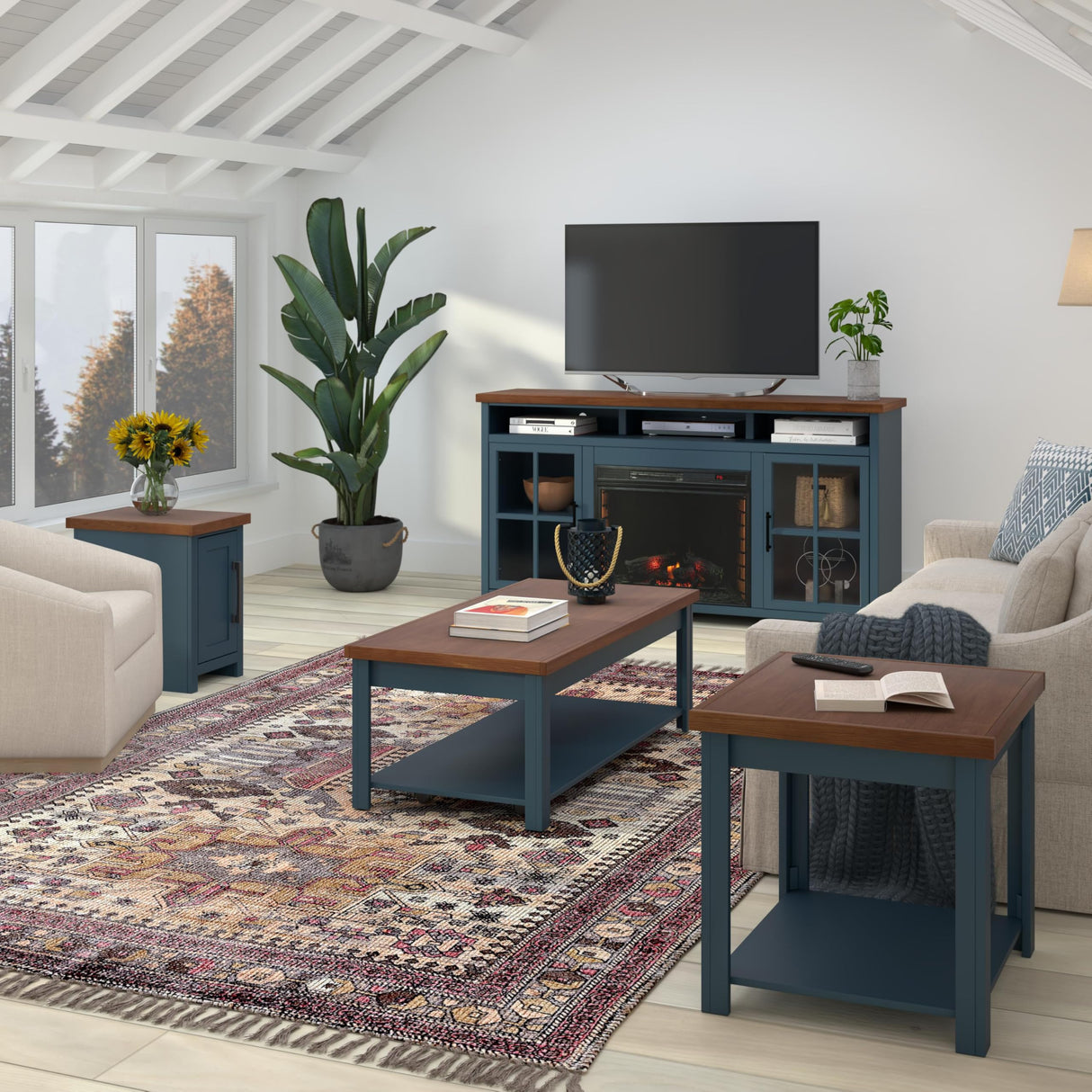 Bridgevine Home Nantucket 72-Inch Modern Farmhouse 5-Shelf Bookcase in Blue Denim and Whiskey Finish Bridgevine Home