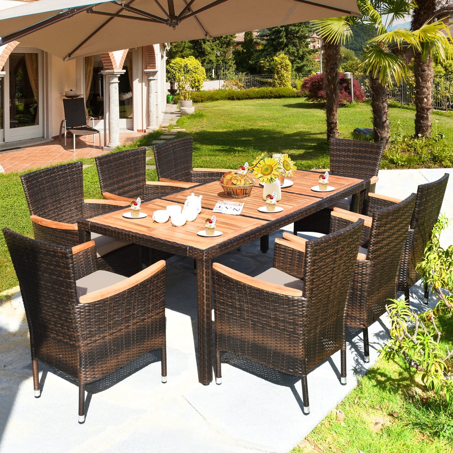 Toolsempire Patio Dining Set Outdoor Dining Set, 9 Pieces Wicker Patio Furniture Set with Acacia Wood Table and Chairs, Garden Dining Table Set for Backyard, Poolside, Desk, Christmas(Brown)