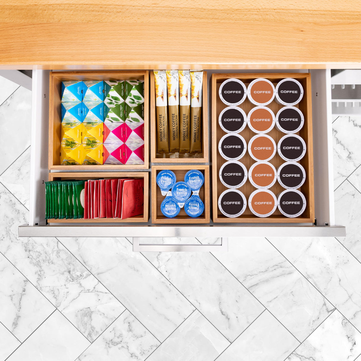 Seville Classics Bamboo Premium Organizer Storage Bins for Kitchen Silverware, Pantry, Closet, Office Desk, Pens, Utensils, Makeup, K Cup, Bamboo, Seville Classics