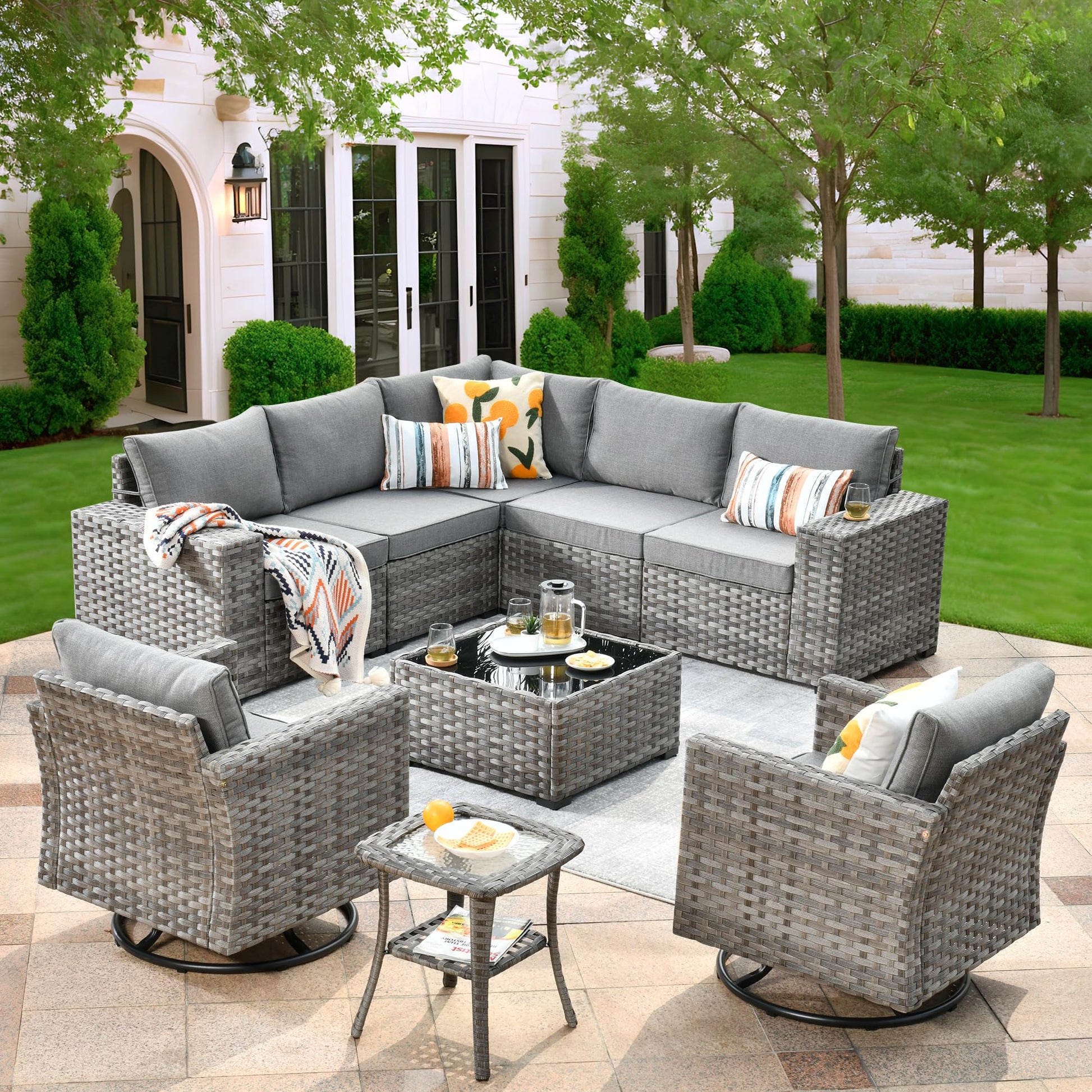 ovios 9 Pieces Patio Furniture Set, Outdoor Sectional Sofa with Swivel Rocking Chairs, Wide Arms and Deep Seat, Modular Wicker Rattan Conversation Set, Dark Grey - WoodArtSupply