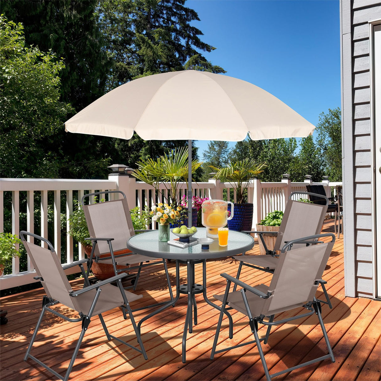 Vongrasig 6 Pieces Folding Patio Dining Set, All Weather Small Metal Outdoor Table and Chair Set, Garden Patio Furniture Set w/Umbrella, Glass Table & 4 Folding Chairs for Lawn, Backyard, Brown Vongrasig