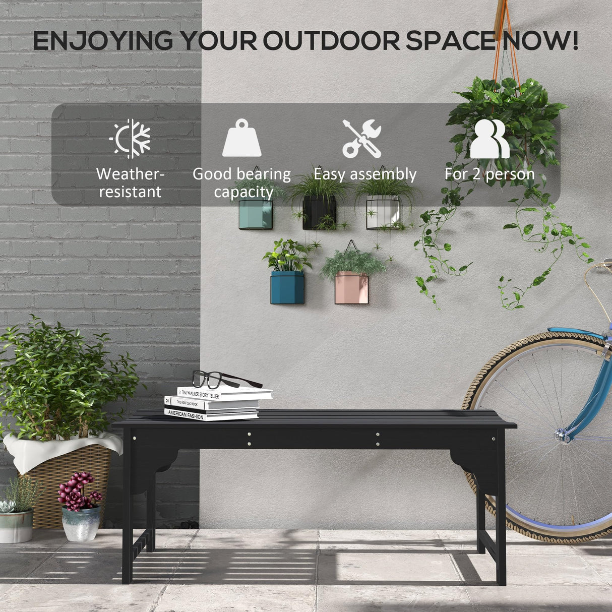 Outsunny Wooden Garden Bench, Outdoor Park Bench with Slatted Seat, Backless Front Porch Bench with Curved Seat for Conservatory, Garden, Poolside, Deck, Black Outsunny