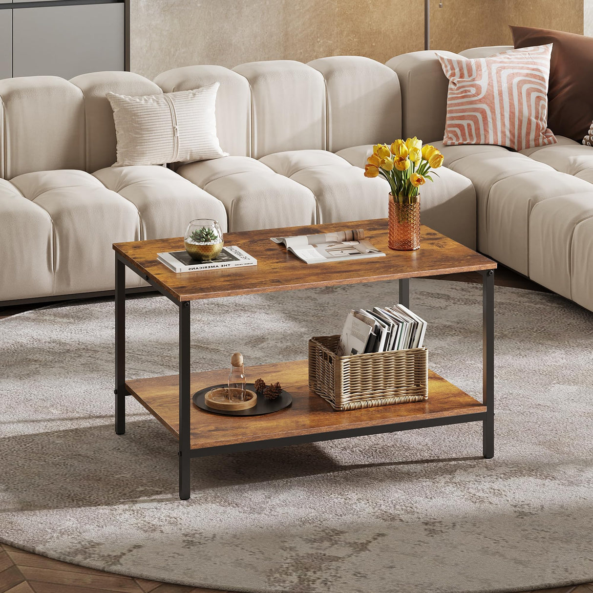 WLIVE Small Coffee Table for Living Room, 31.3" Modern Industrial Coffee Table with Storage Shelf & Metal Frame, 2-Tier Wood Center Table for Small Spaces Apartment, Home, Rustic Brown WLIVE
