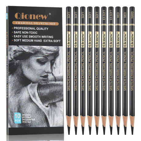 Qionew Professional Charcoal Pencils Drawing Set - 10 Pieces Super Soft, Soft, Medium & Hard Charcoal Pencils for Drawing, Sketching, Shading, Beginners & Artists Qionew