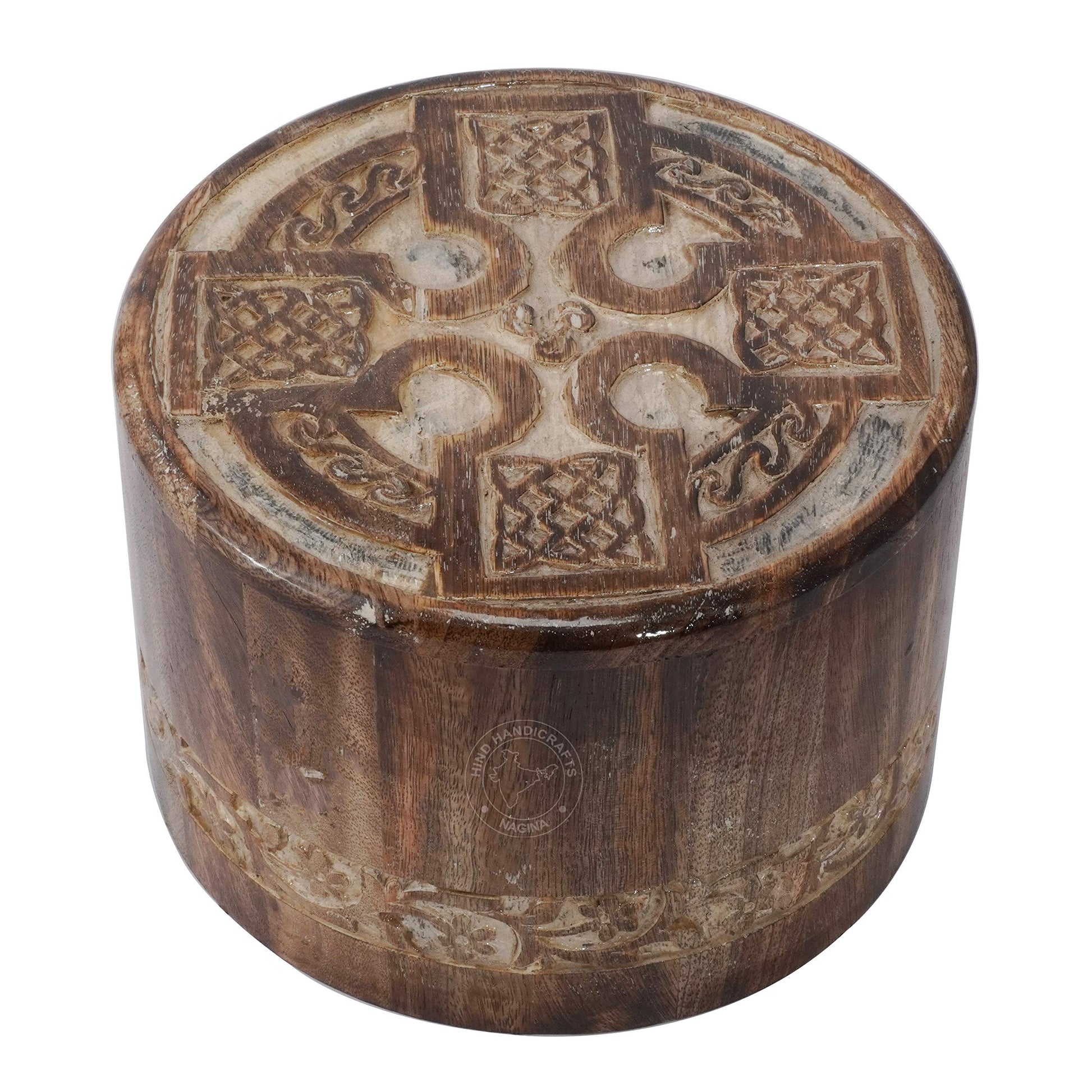 HIND HANDICRAFTS Round Wooden Engraved Urns for Human Ashes Adult - Wooden Box Rosewood Cremation Urns for Ashes - Burial Urns - Funeral Urns Large - WoodArtSupply