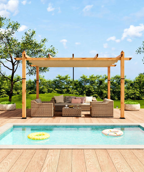 GarveeLife 10 x 13 Ft Wood-Grain Aluminum Pergola Outdoor Pergola with Retractable Canopy Sun Shade Shelter for Garden, Patio, Backyard, Deck - Khaki GarveeLife