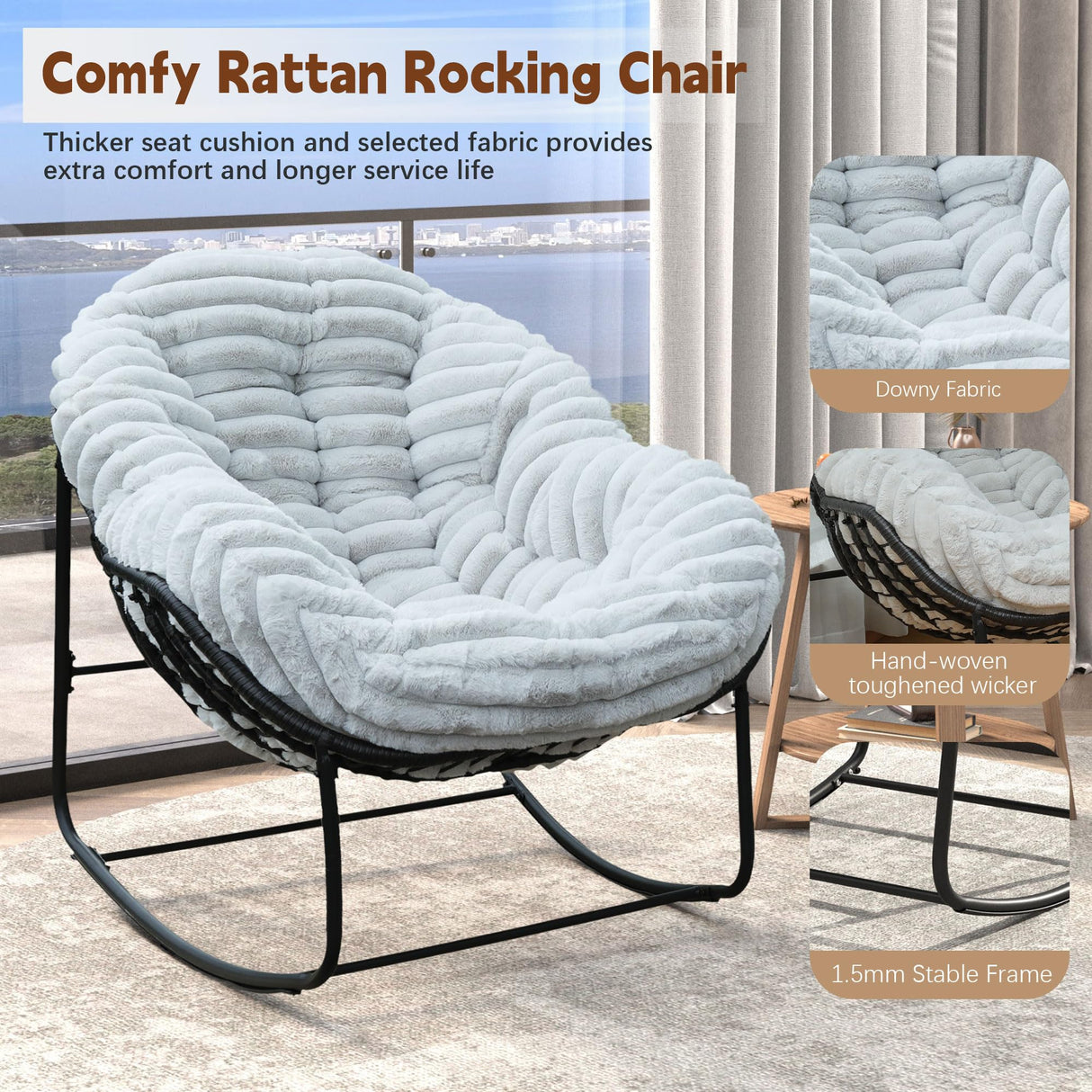 Naga Bahna Outdoor Rocking Chair, Patio Wicker Egg Chair, Indoor Comfy Oversized Papasan Chair with Padded Cushion, Royal Rattan Rocker for Front Porch, Garden, Patio (Light Grey) Naga Bahna
