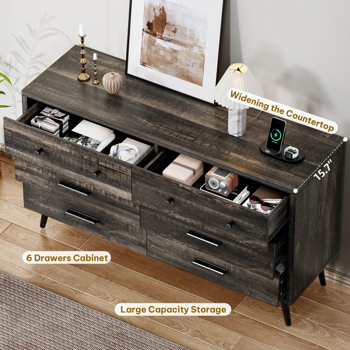DWVO 6-Drawer Dresser, Wood Storage Cabinet with Black Metal Handles & Anti-Tip Design, Modern Chest of Drawers for Living Room, Bedroom, or Hallway-Dark Rustic Oak DWVO