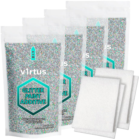 v1rtus Silver Holographic Glitter Paint Additive 400g with 4X Finishing Buffing Pads | for Painting Glitter Walls | Add to Interior or Exterior Paint v1rtus