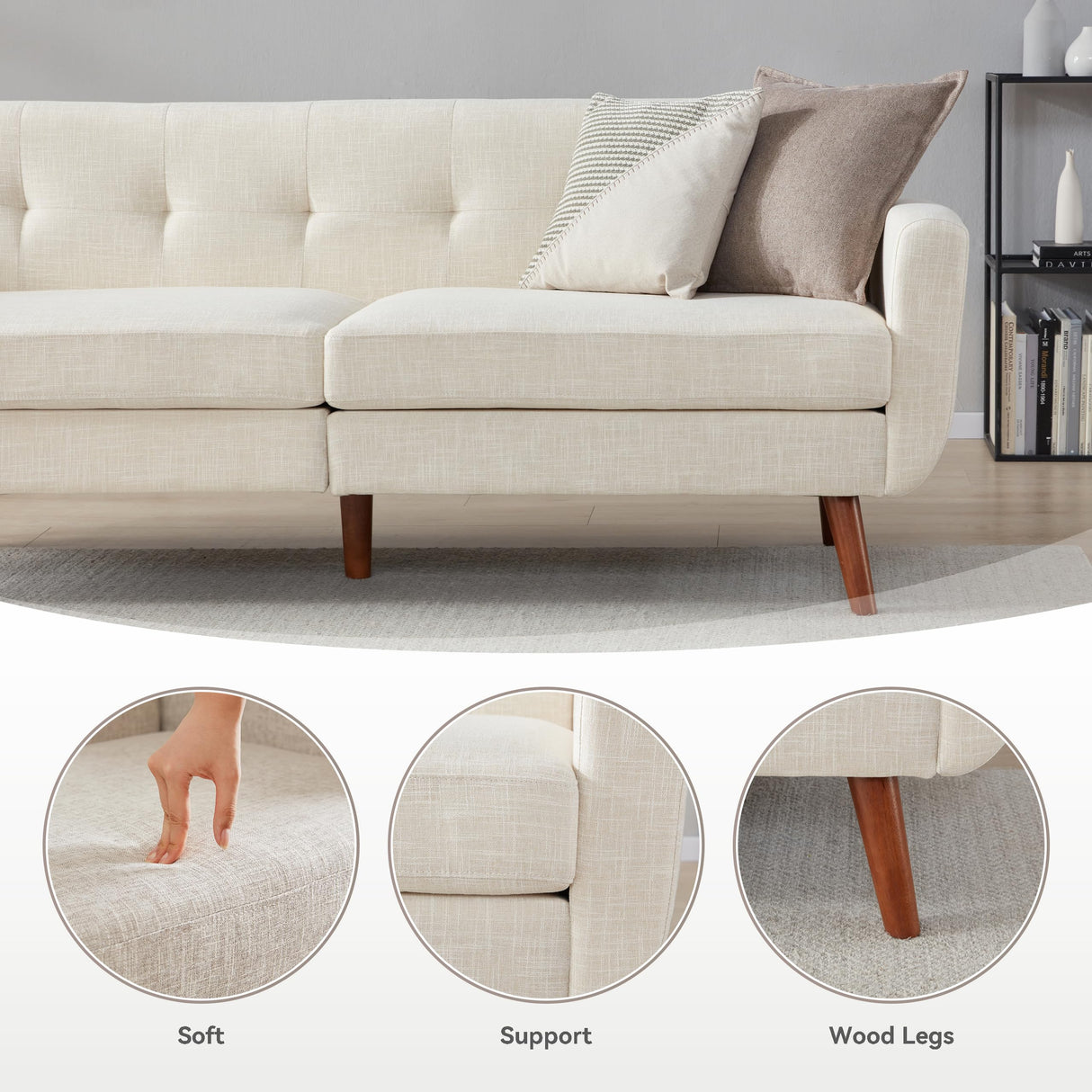 Tbfit 78" W Linen Sofa Couch, Mid Century Modern Decor Loveseat Couches for Living Room, Button Tufted Upholstered Small Couch for Bedroom, Solid, and Easy to Install Love Seats Furniture, Beige Tbfit