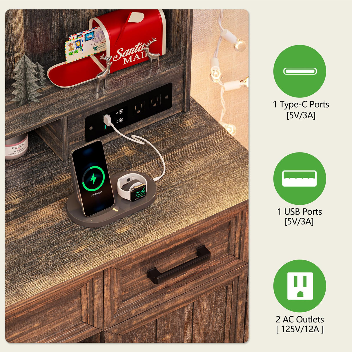 HNEBC Vanity Desk with Mirror and Lights, LED Makeup Vanity with Charging Station(USB+Type-C+2 Outlet), Farmhouse Vanitys Dressing Table with Drawer/11 Bulb,Vanity Chair with Storage (Rustic Brown) HNEBC