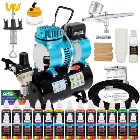 Master Airbrush Cool Runner II Dual Fan Air Tank Compressor System Deluxe Kit with Gravity Feed Airbrush, 24 Color Acrylic Paint Artist Set, Hose, Holder, Cleaning Pot, Mixing Cups Sticks How-To Guide Master Airbrush