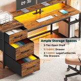 SEDETA 59" Office Desk with Drawers, Reversible Computer Desk with File Drawers & Storage, Gaming Desk with LED Lights & Power Outlet, Home Office Desks for Printer, Rustic Brown SEDETA