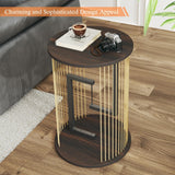 Side Table, Round End Table for Living Room, Bedroom, Black LED Nightstand with Twine Rope Design, Mid Century Modern Wood Accent Coffee Table, Antique Nightstand HUAHUU