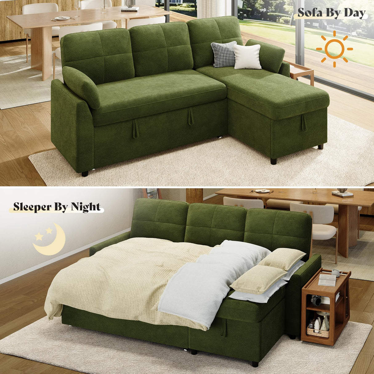 AMEILIFE Sleeper Sofa, Sofa Bed with Storage Chaise, Convertible Sofa Bed with Pull Out Couch, l Shaped Couch for Living Room, Linen Green AMERLIFE