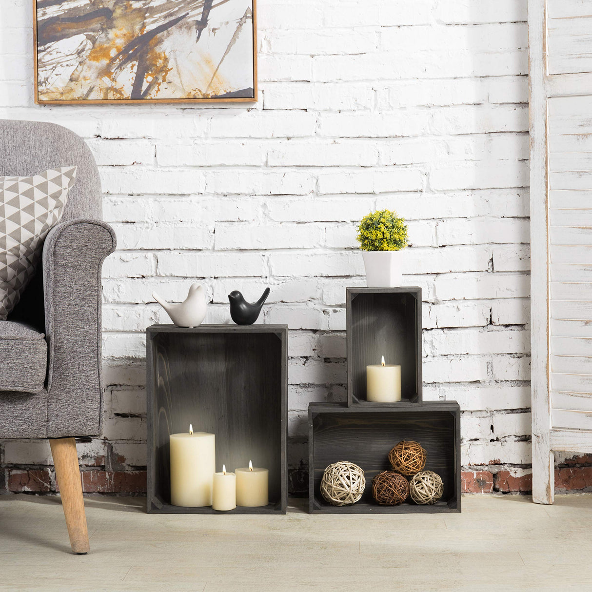 MyGift Rustic Gray Solid Wood Storage Organizer Box with Handle, 3 Piece Various Size Decorative Nesting Crate MyGift