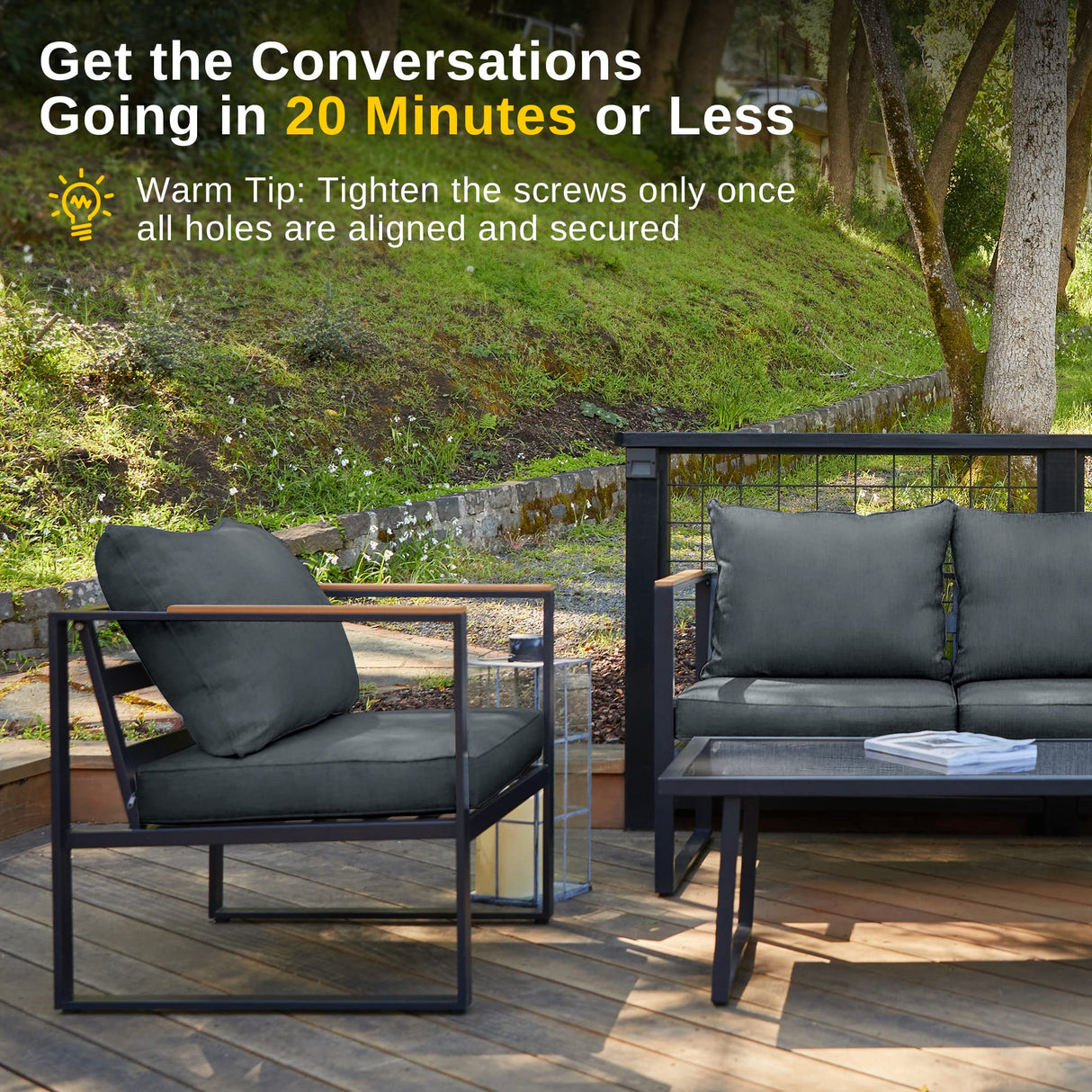 EAST OAK Patio Furniture Set, 4-Piece Outdoor Patio Set with Sofa, Removable & Washable Deep Seating Cushion, Tempered Glass Table, Outside Patio Conversation Sets, Dark Gray & Black EAST OAK