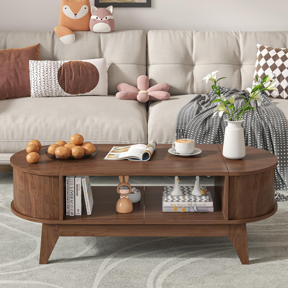 Coffee Table with Storage,Mid Century Modern Coffee Tables with 2 Flip-Top Hidden Lids,Fluted Coffee Table,Wood Center Tables for Living Room Home Office (Walnut Color) Mxtxmy