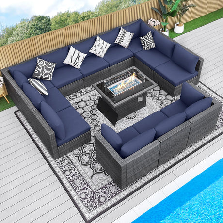 BULEXYARD 13 Piece High Back Outdoor Furniture Sets with Fire Pit, Luxury Patio Sectional Couch Sofa 12-Seater Modular, Comfortable Extra Large Wide Deep Backyard Seating Conversation Set, Grey & Blue BULEXYARD