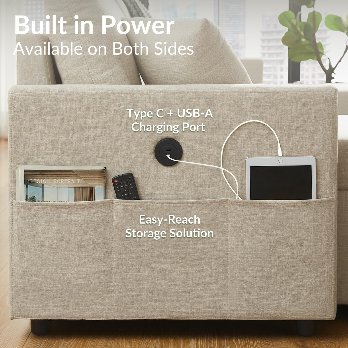 ODIKA U Shaped Convertible Sleeper Sofa Bed, Sectional Couch for Living Room - Dual USB-C Charging, Pull Out Bed, Reversible Chaise with Storage & Pockets, Removable & Washable Beige Linen Covers ODIKA