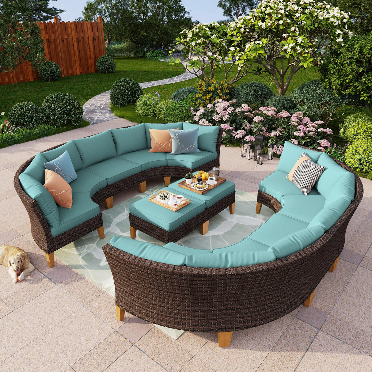 PHI VILLA 8-Piece Wicker Patio Furniture Set, Outdoor Half-Moon Curved Sectional Sofa with Cushions, 2 Ottomans, Large Conversation Seating for Garden or Backyard, Aqua Blue PHI VILLA