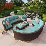 PHI VILLA 8-Piece Wicker Patio Furniture Set, Outdoor Half-Moon Curved Sectional Sofa with Cushions, 2 Ottomans, Large Conversation Seating for Garden or Backyard, Aqua Blue PHI VILLA