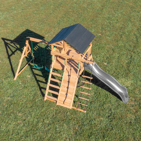 Backyard Discovery Endeavor All Cedar Wood Swing Set Playset with Gray Wave Slide for Backyard with Large Clubhouse Rope Ladder Rock Climbing Wall Wave Slide 2 Belt Swings and 1 Web Swing Gift Backyard Discovery