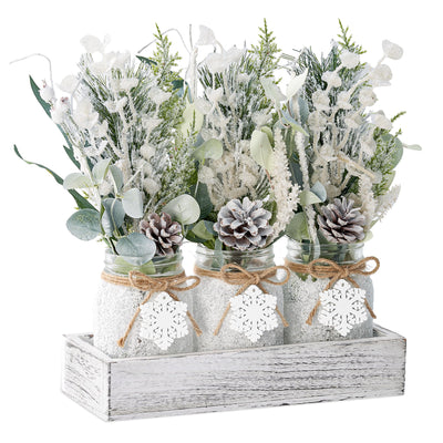 KIVIVO Winter Centerpieces for Tables, Table Decor with Mason Jar, Flowers Picks, Farmhouse Wood Tray, Snowflake Sign, 22 Pcs Christmas Winter White Wonderland Table Decorations Centerpieces for Home
