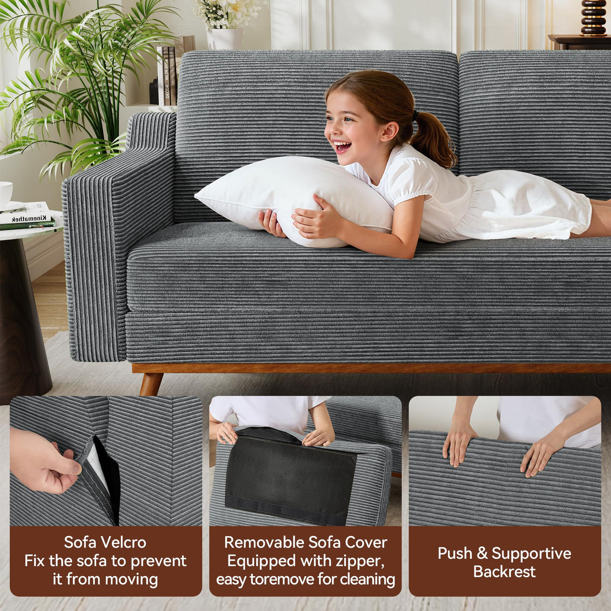 Vipbear 65.4" Loveseat Sofa Grey Corduroy Couch, Mid-Century Modern Small Couches for Living Room, Bedroom, Office, Comfy Sofa with Spring Cushion, Solid Wood Frame, Tool-Free Assembly Vipbear