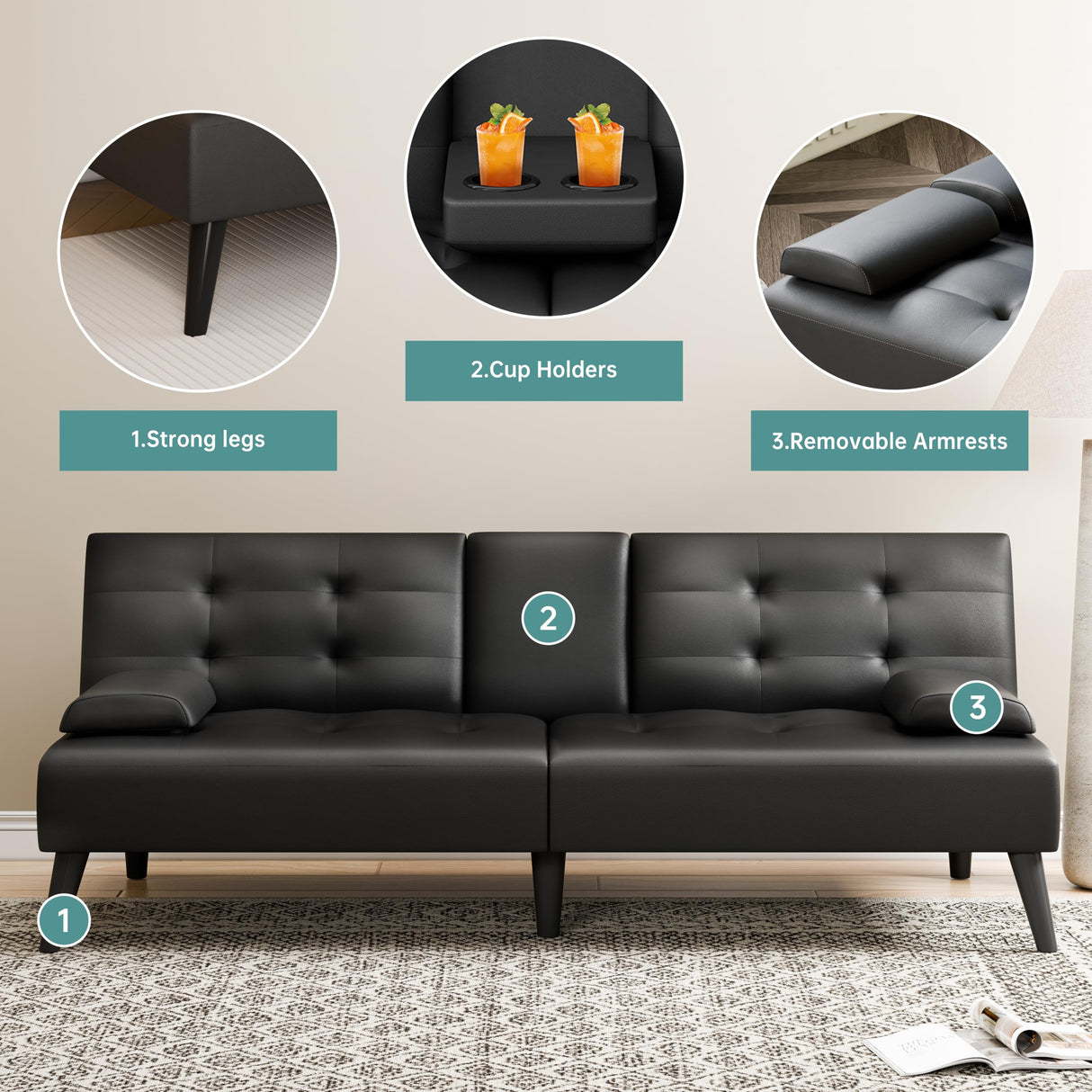 Meilocar Convertible Futon Sofa Bed Couch, Modern Folding Futon Set, Adjustable Recliner Sofa Bed for Living Room, 2 Cup Holders, Removable Armrest, 3 Angles (PU Leather, Black) Meilocar