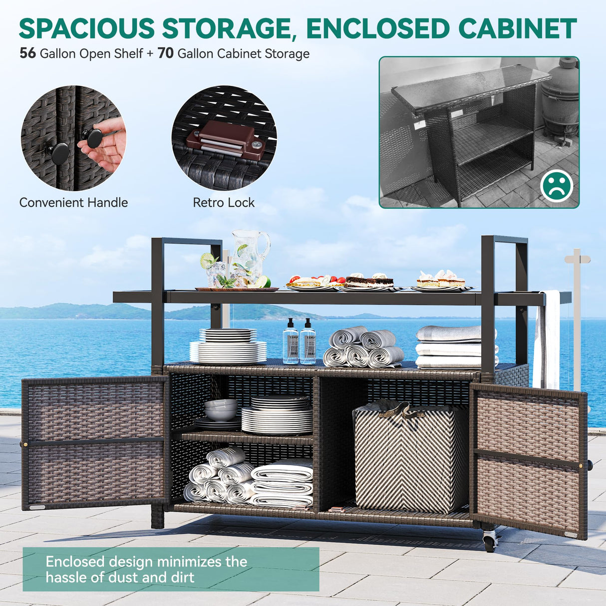 YITAHOME Large Outdoor Kitchen Wicker Island Rolling Cart & Patio Bar Table, w/Wheels and Black Glass Table Top Backyard and Poolside Dark Brown YITAHOME