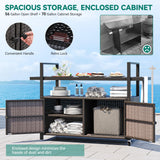 YITAHOME Large Outdoor Kitchen Wicker Island Rolling Cart & Patio Bar Table, w/Wheels and Black Glass Table Top Backyard and Poolside Dark Brown YITAHOME