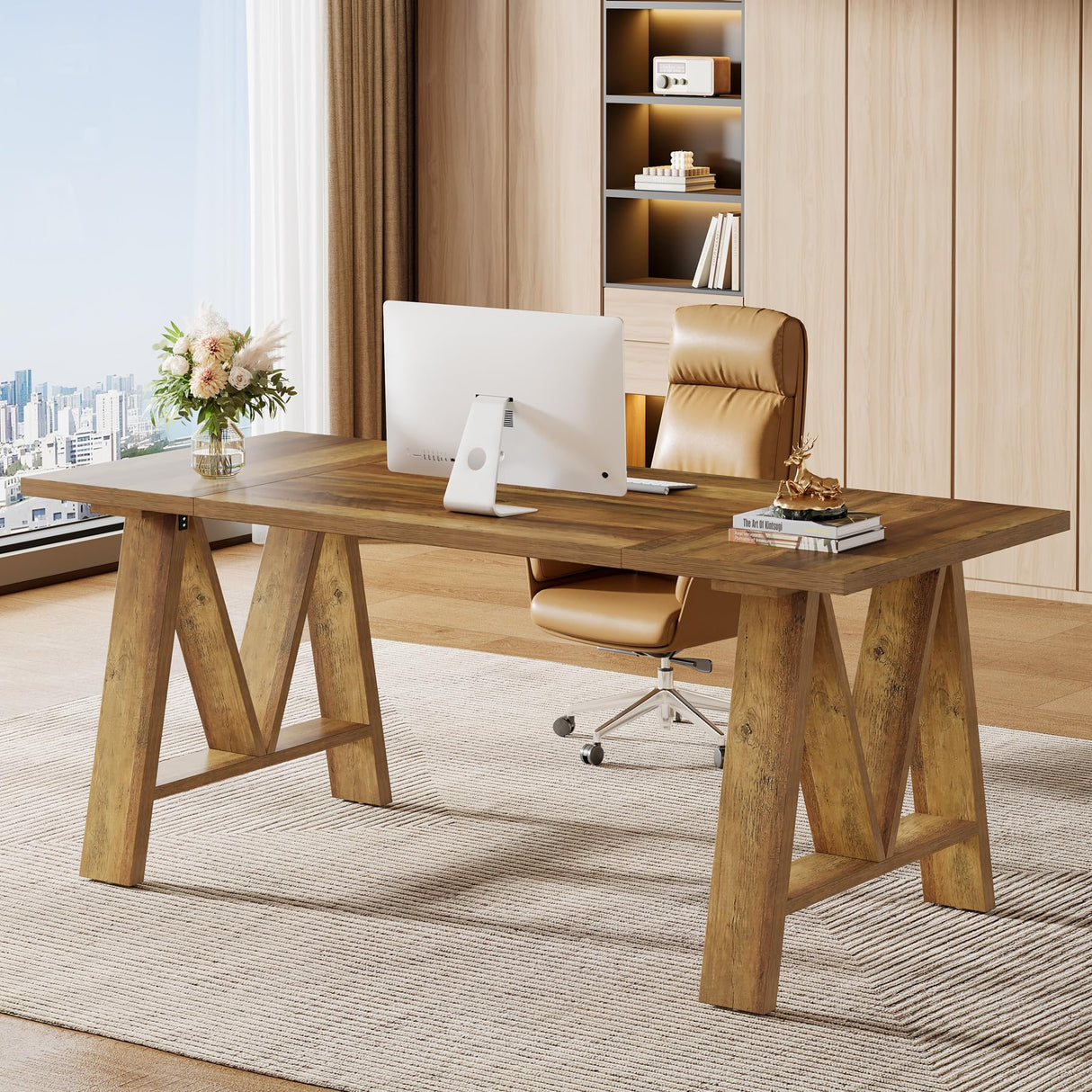 Tribesigns 63" Executive Desk, Farmhouse Wooden Office Computer Desk, Large Workstation Writing Table with Sturdy Legs for Home Office, Brown Tribesigns