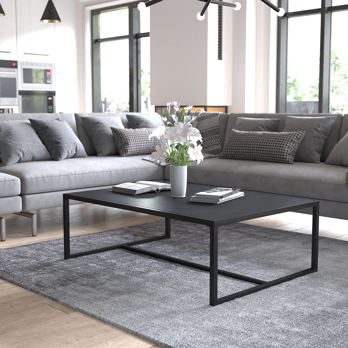 EMMA + OLIVER All-Weather Commercial Grade Indoor/Outdoor Steel Patio Coffee Table in Black EMMA + OLIVER