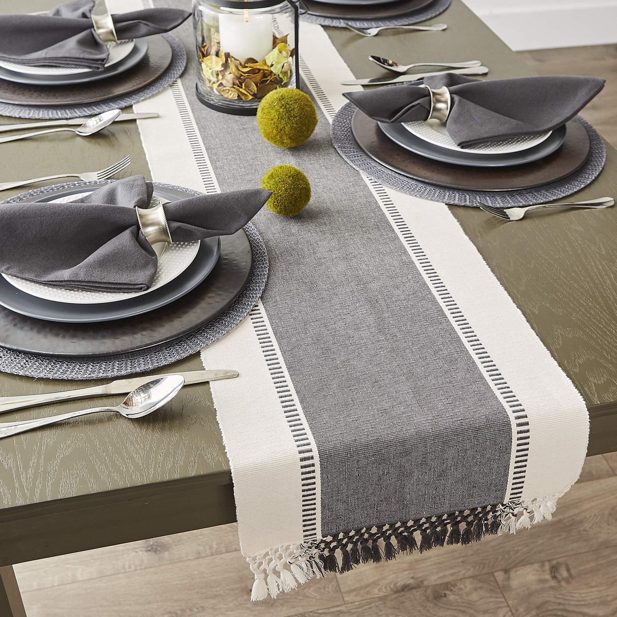 DII Dobby Stripe Woven Table Runner, 13x72 (13x77.5, Fringe Included), Mineral Gray DII